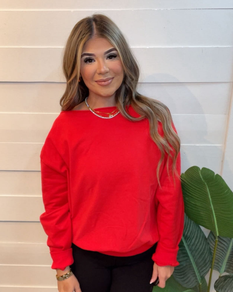 Birdie Off Shoulder Slouchy Pullover in Ruby Rush