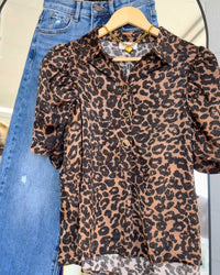 Silky Leopard Puff ShoulderShort Sleeve Blouse