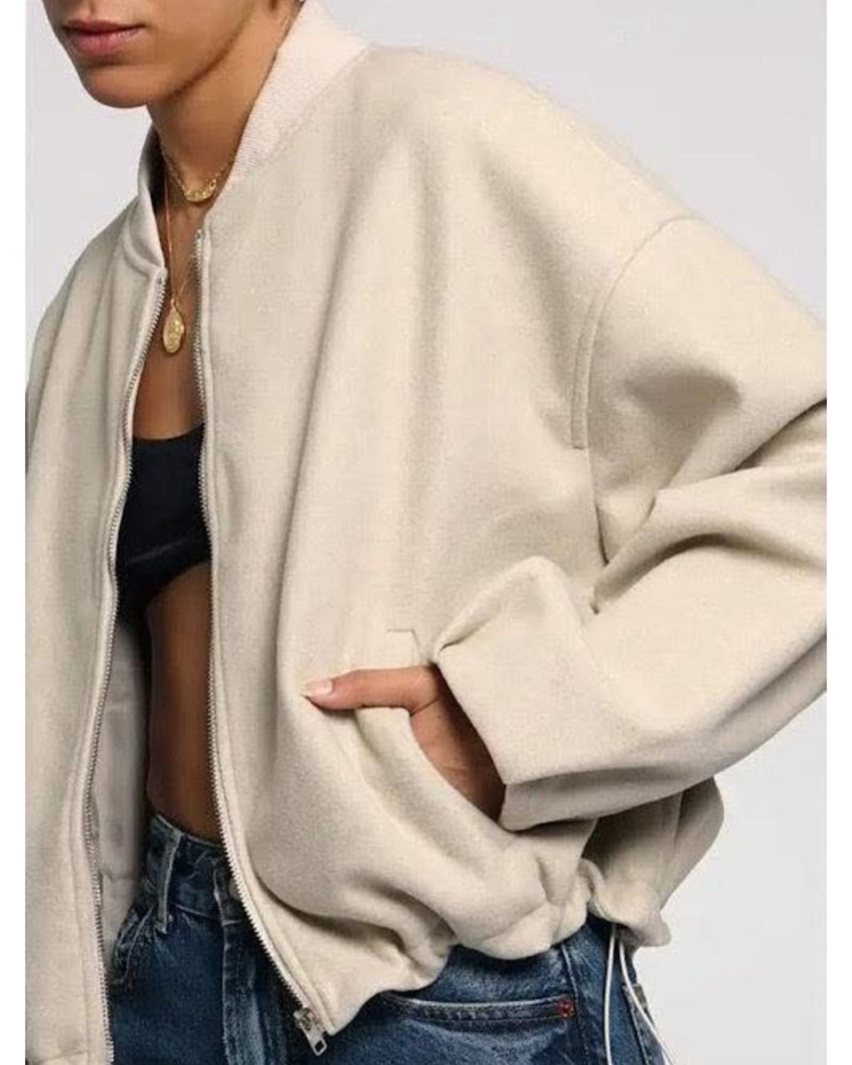 Pleated Cuff Zip Waist Bomber Jacket