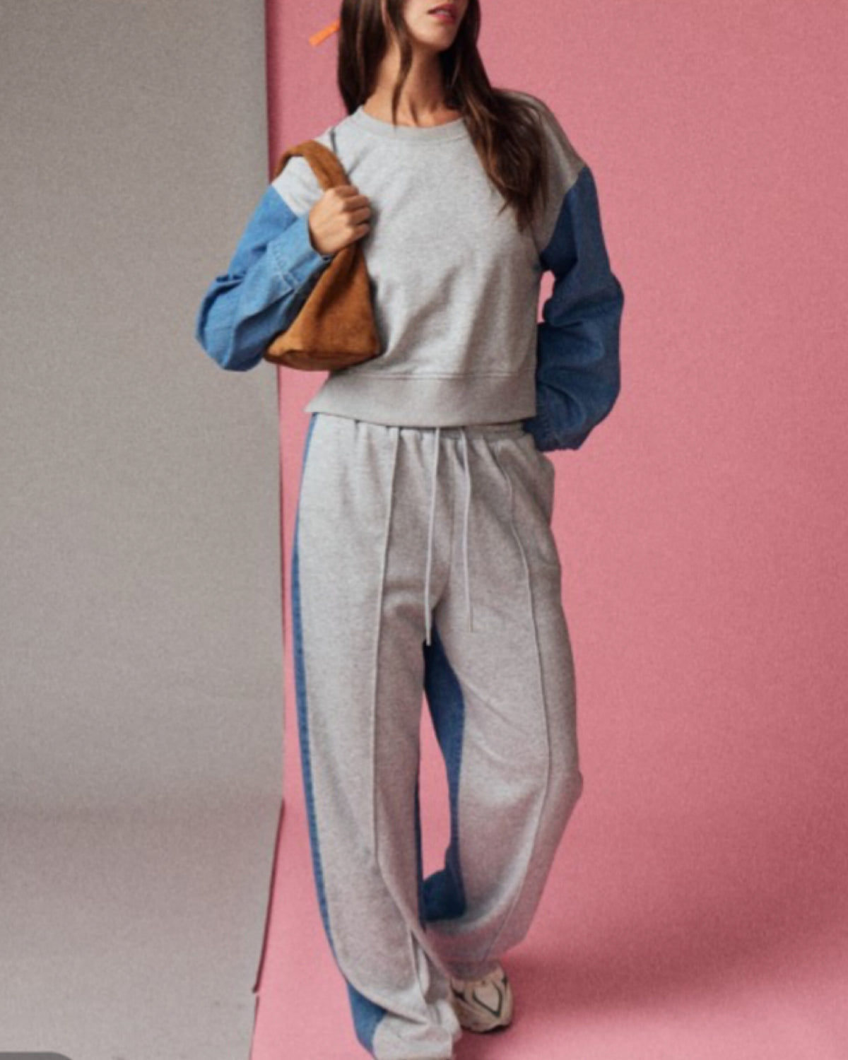 Color Block Relaxed Fit Denim Pants Set