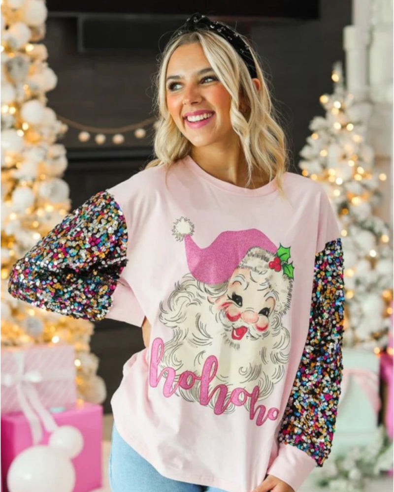 Pink Sequin Sleeve Santa Clause Top