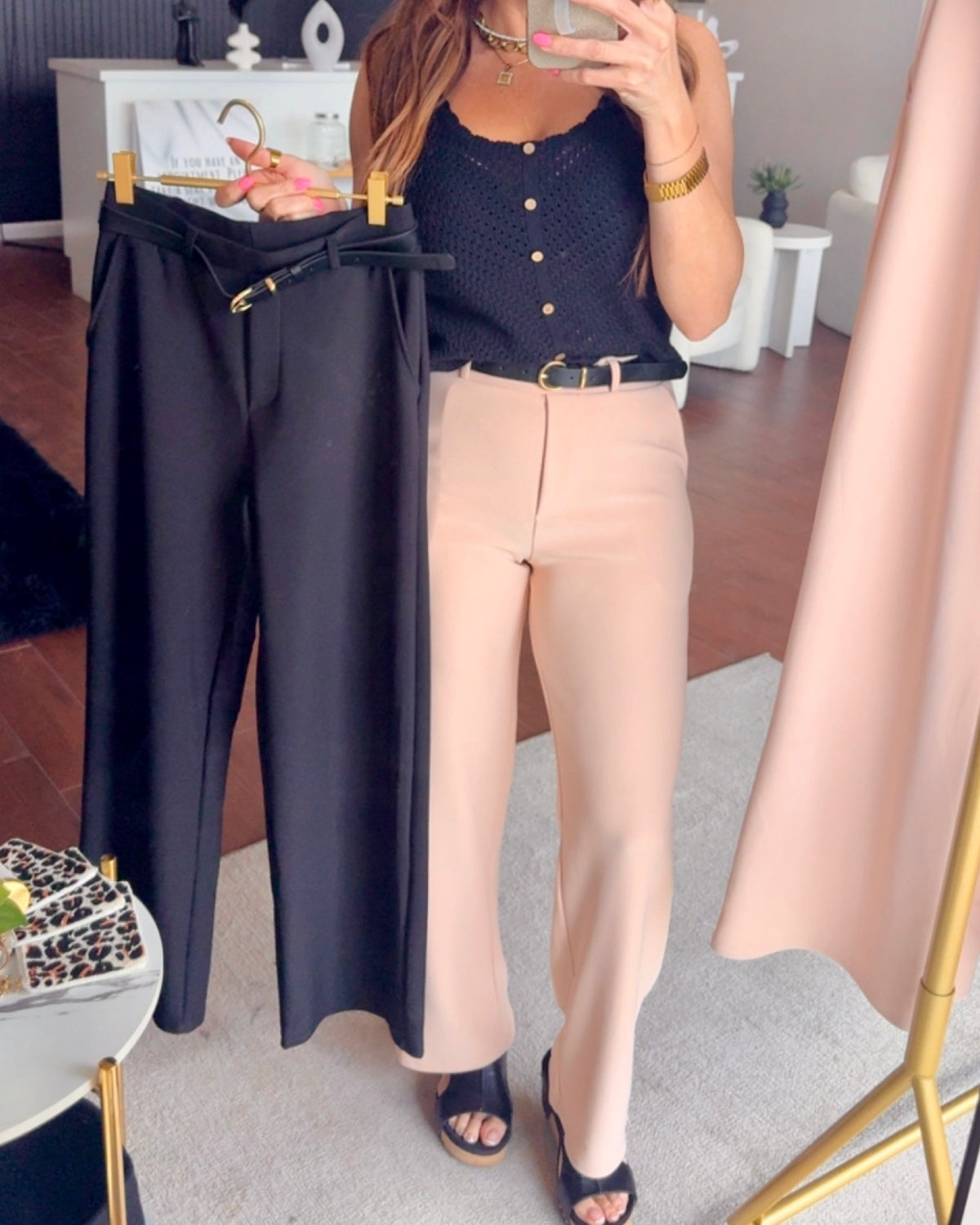 In her Element Belted Pant in TAN