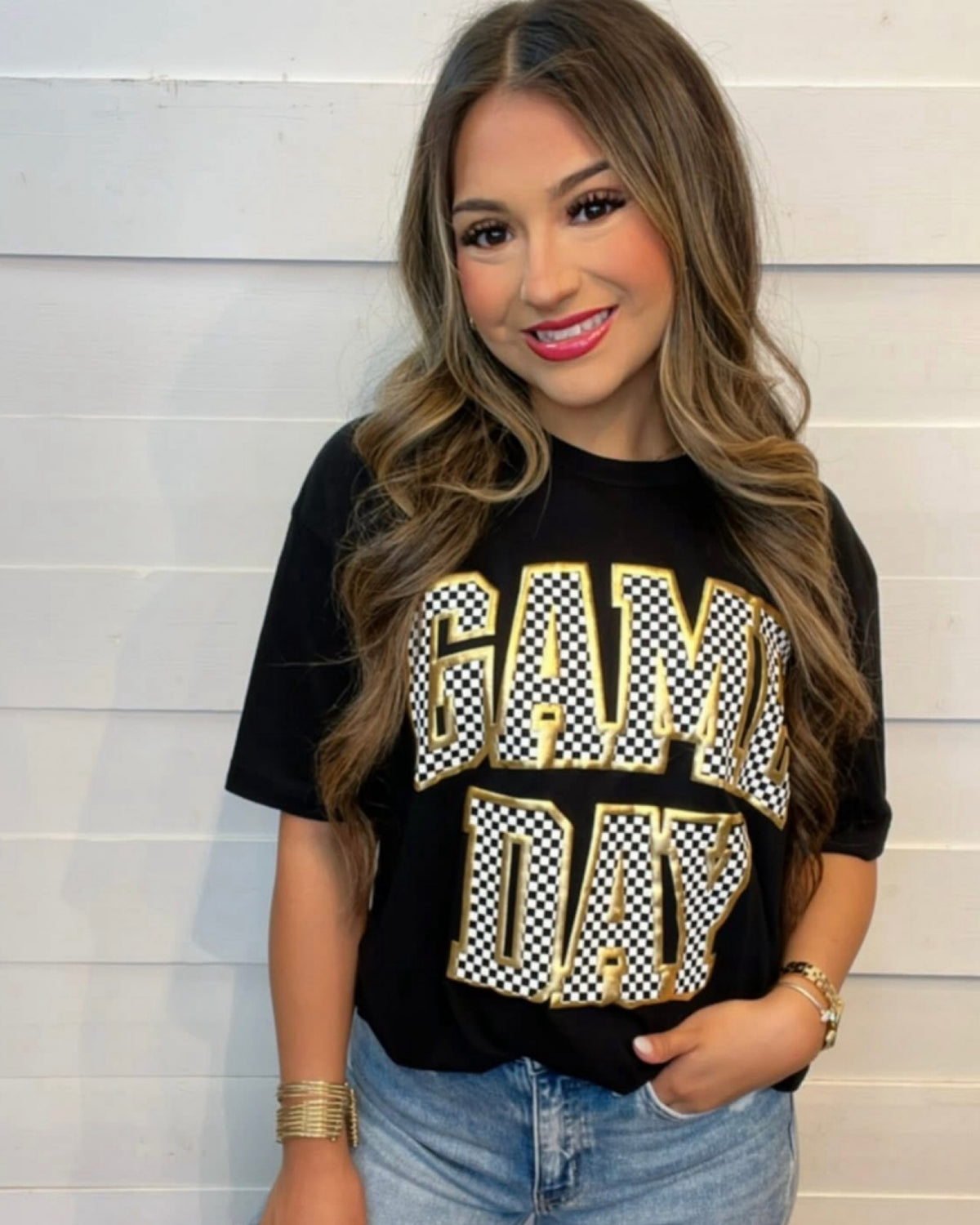 GAMEDAY Checkered Tee in Metallic Gold