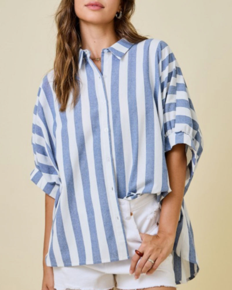 Button Down in Stripes Top in NAVY