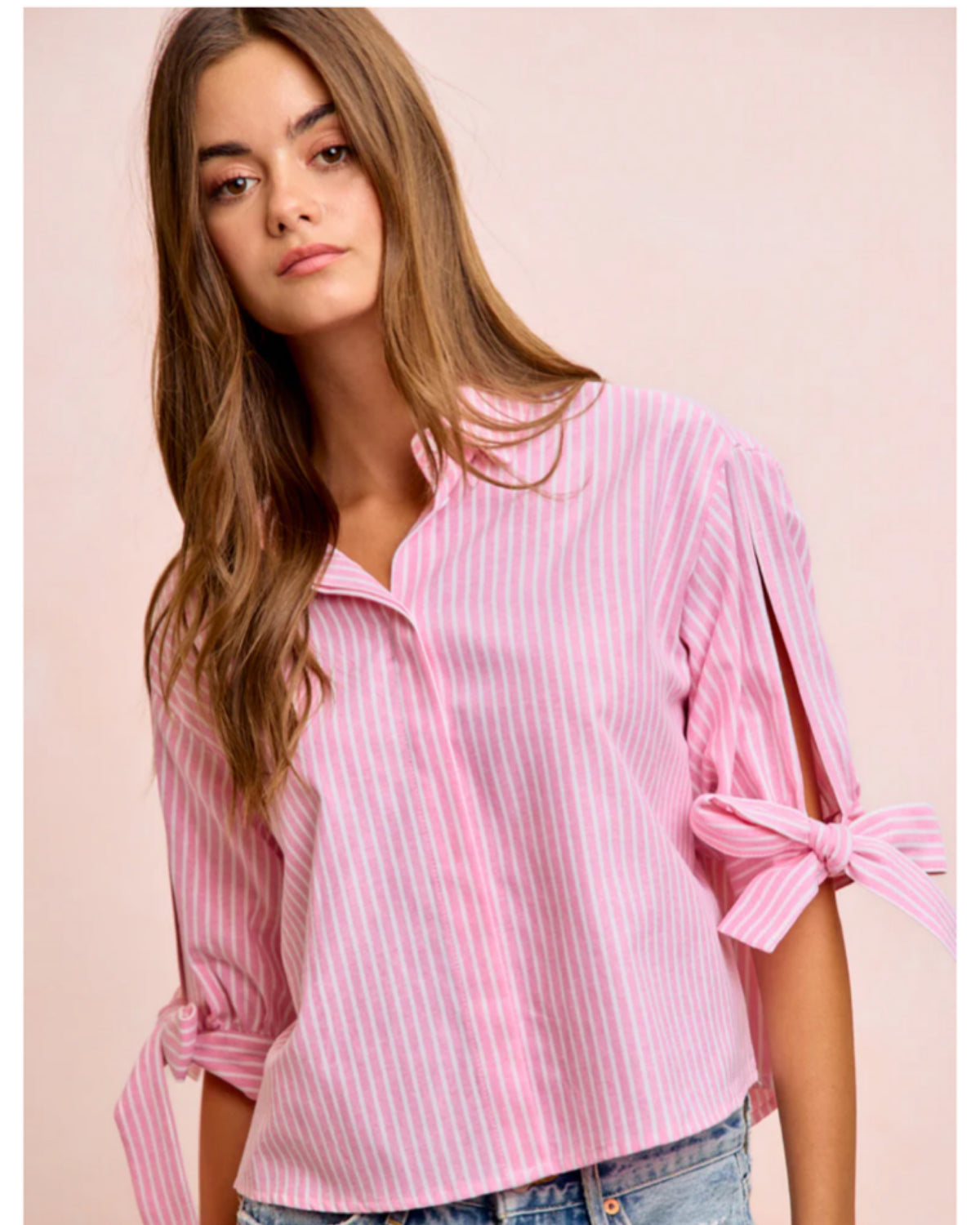 Pink Stripe Woven Button up Shirt with Bow detail