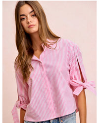 Pink Stripe Woven Button up Shirt with Bow detail