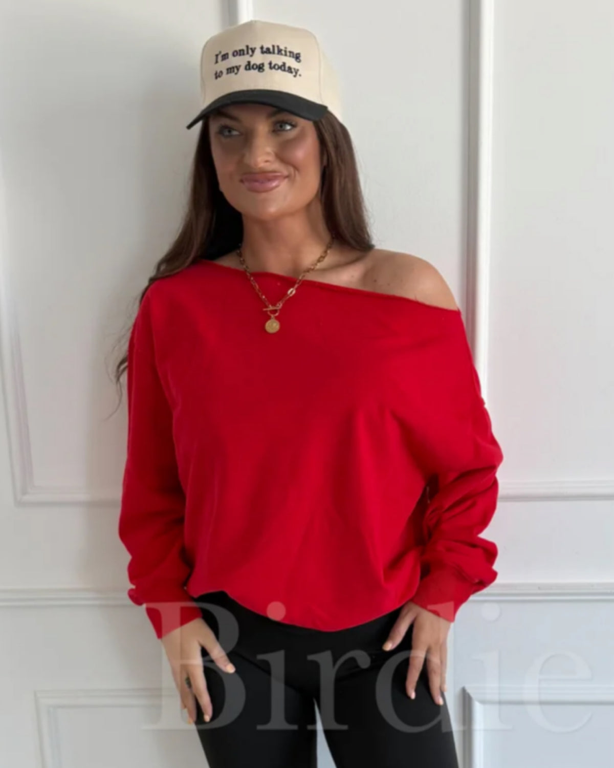 Birdie Off Shoulder Slouchy Pullover in Ruby Rush