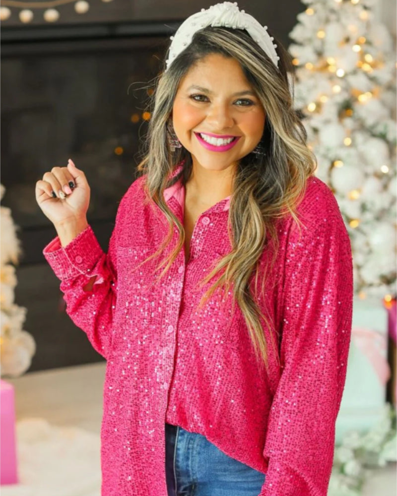 The Kathryn Hot Pink Sequin Button Down