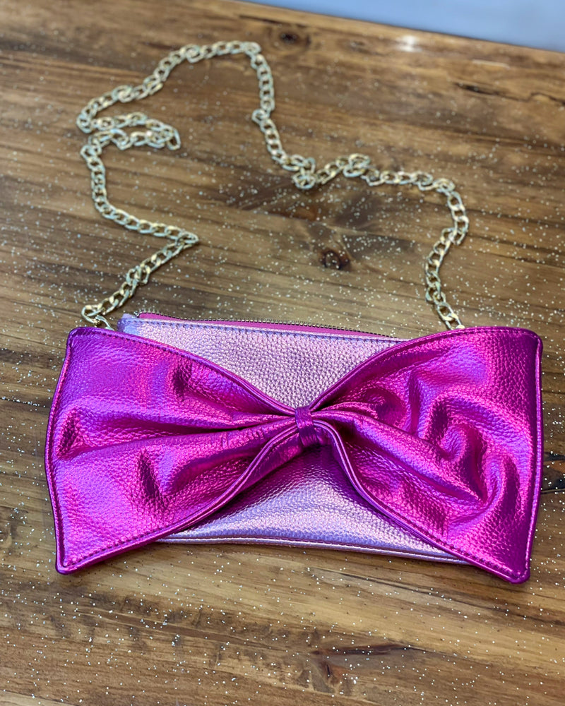 Metallic Pink Bow Crossbody Clutch
