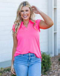 Nicole V-Neck Blouse in Neon Pink