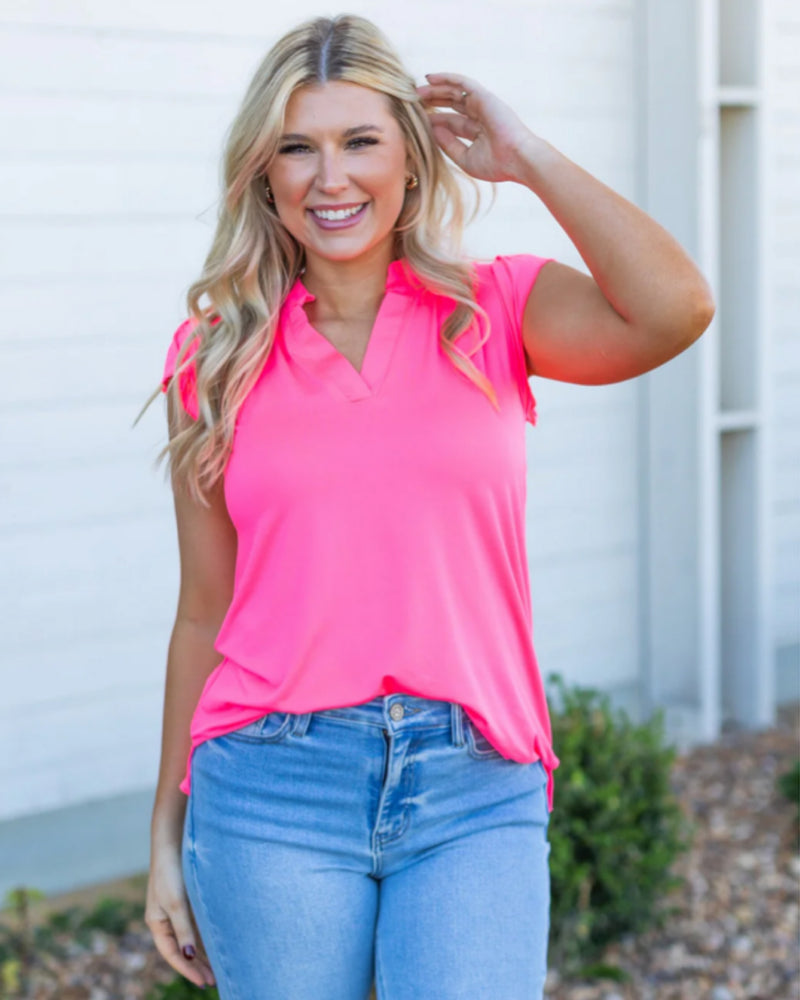 Nicole V-Neck Blouse in Neon Pink