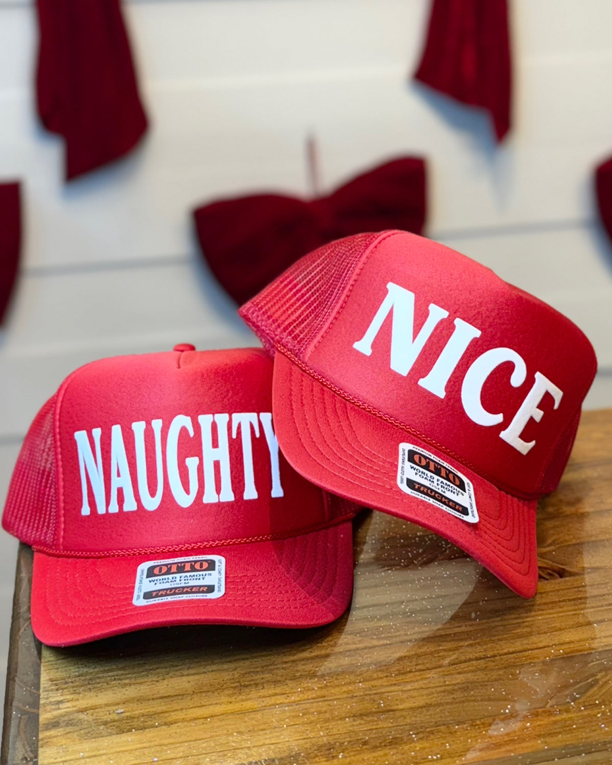 NAUGHTY or NICE Trucker Hats in RED