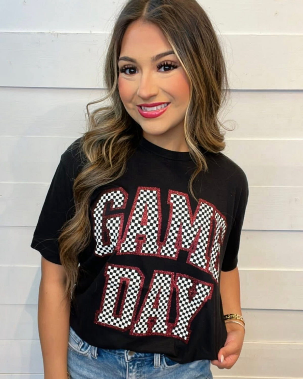 GAMEDAY Checkered Tee Maroon Glitter