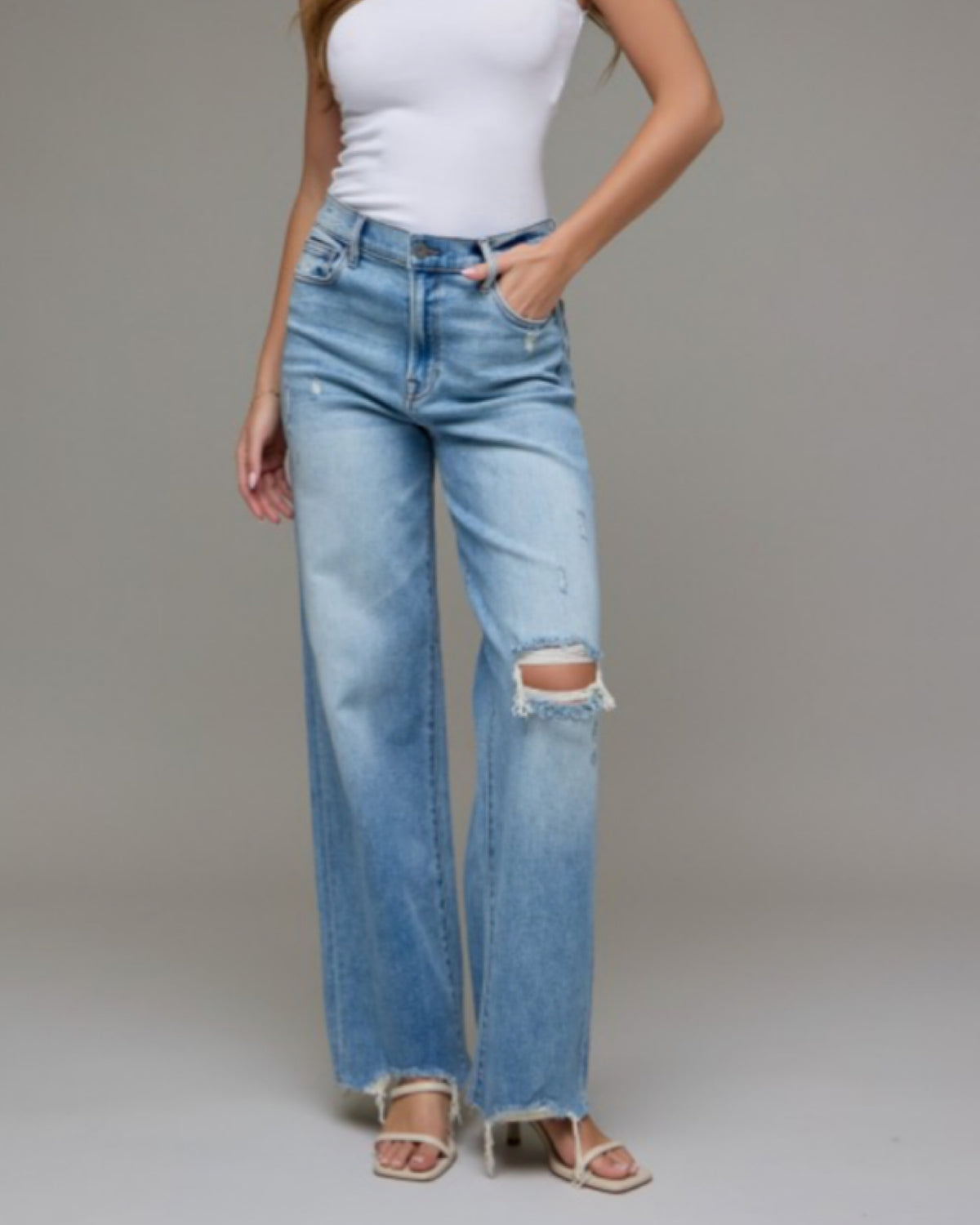 Light Wash Distressed Stretch Dad Jean