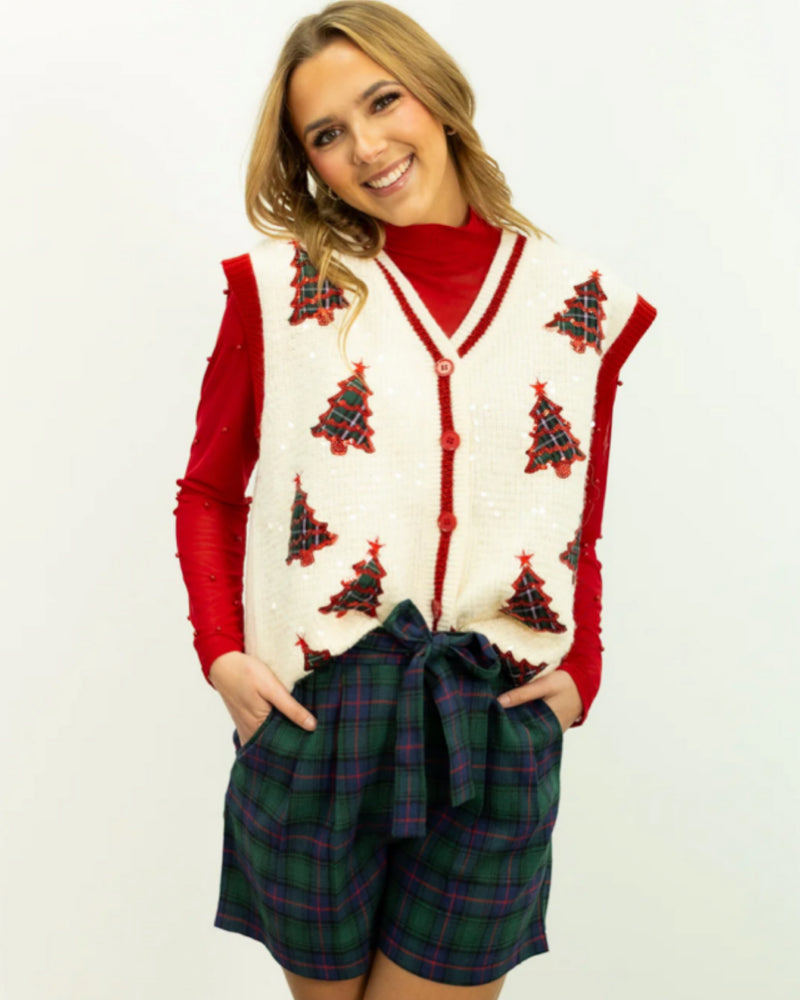 Sequin Ivory Sweater with Plaid Tree Patches