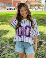 GAME DAY Sequin Stripe Top in WHITE/PURPLE