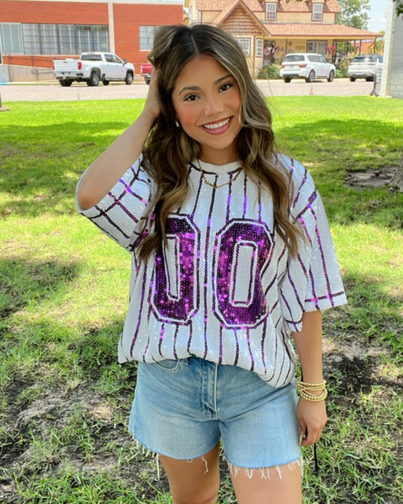 GAME DAY Sequin Stripe Top in WHITE/PURPLE