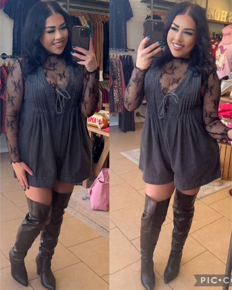 Country Concert Denim Romper In Black