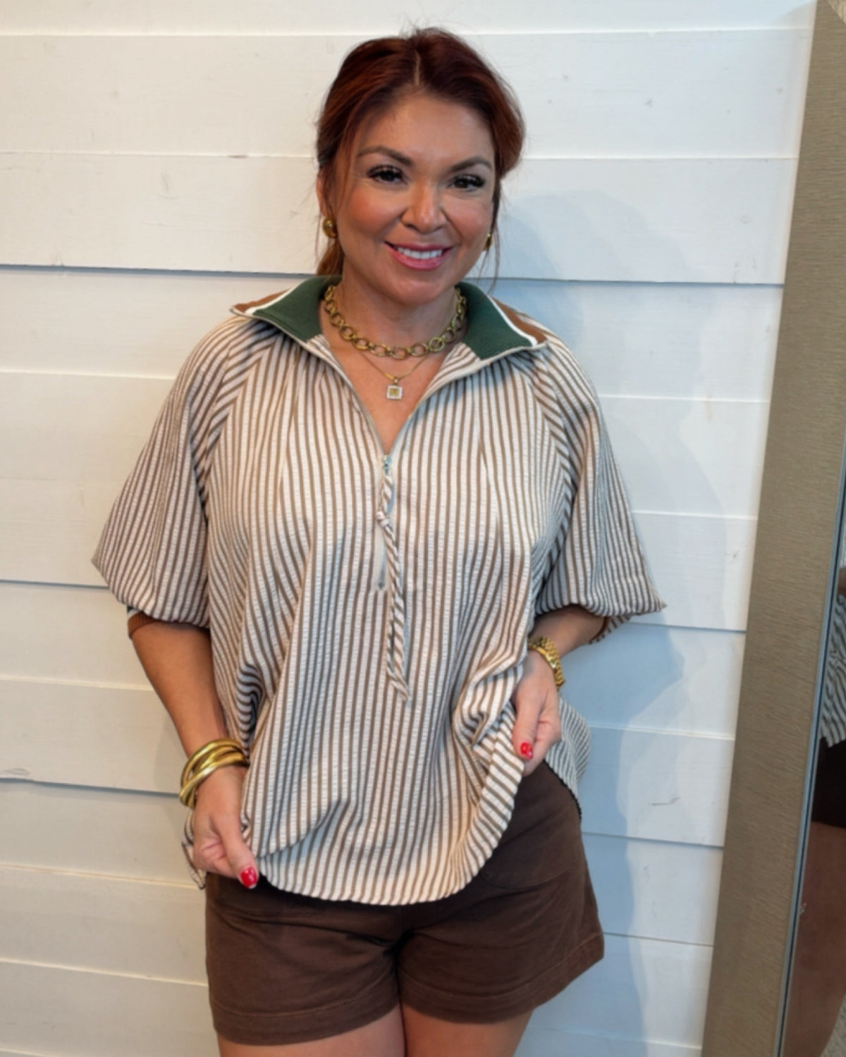 Patio Cider & Crip Fall Days Blouse in Taupe