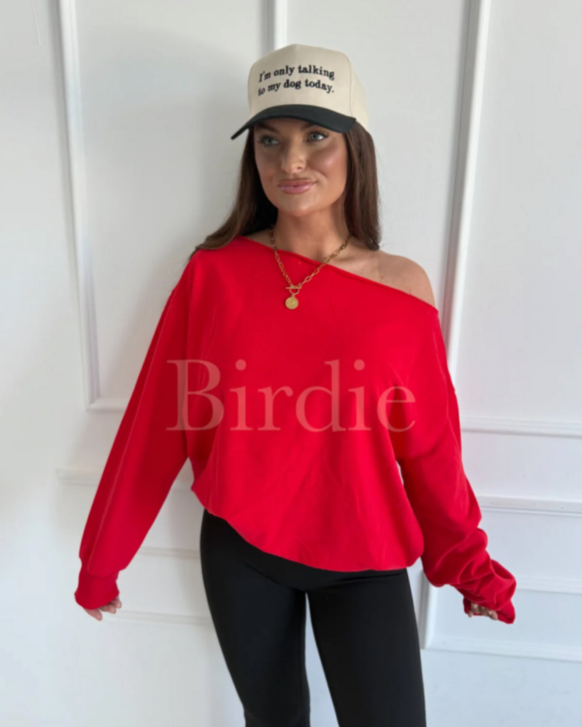 Birdie Off Shoulder Slouchy Pullover in Ruby Rush