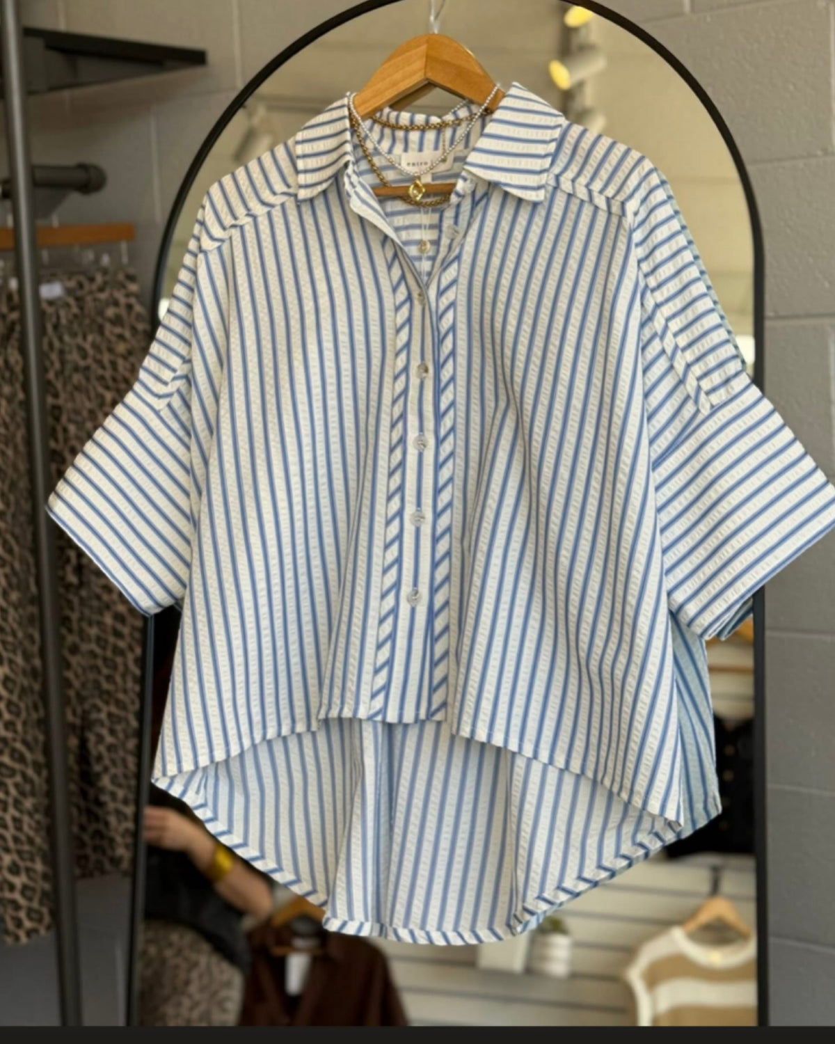 Coastal Breeze Stripe Ruffled Button -Down