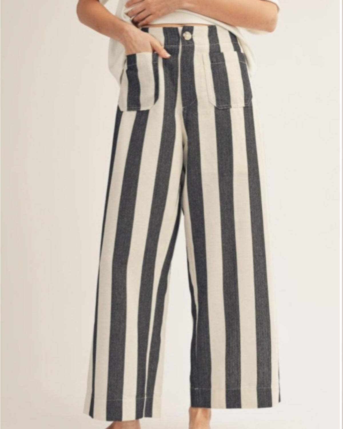 Wide Leg Bold Stripe Pants in Black