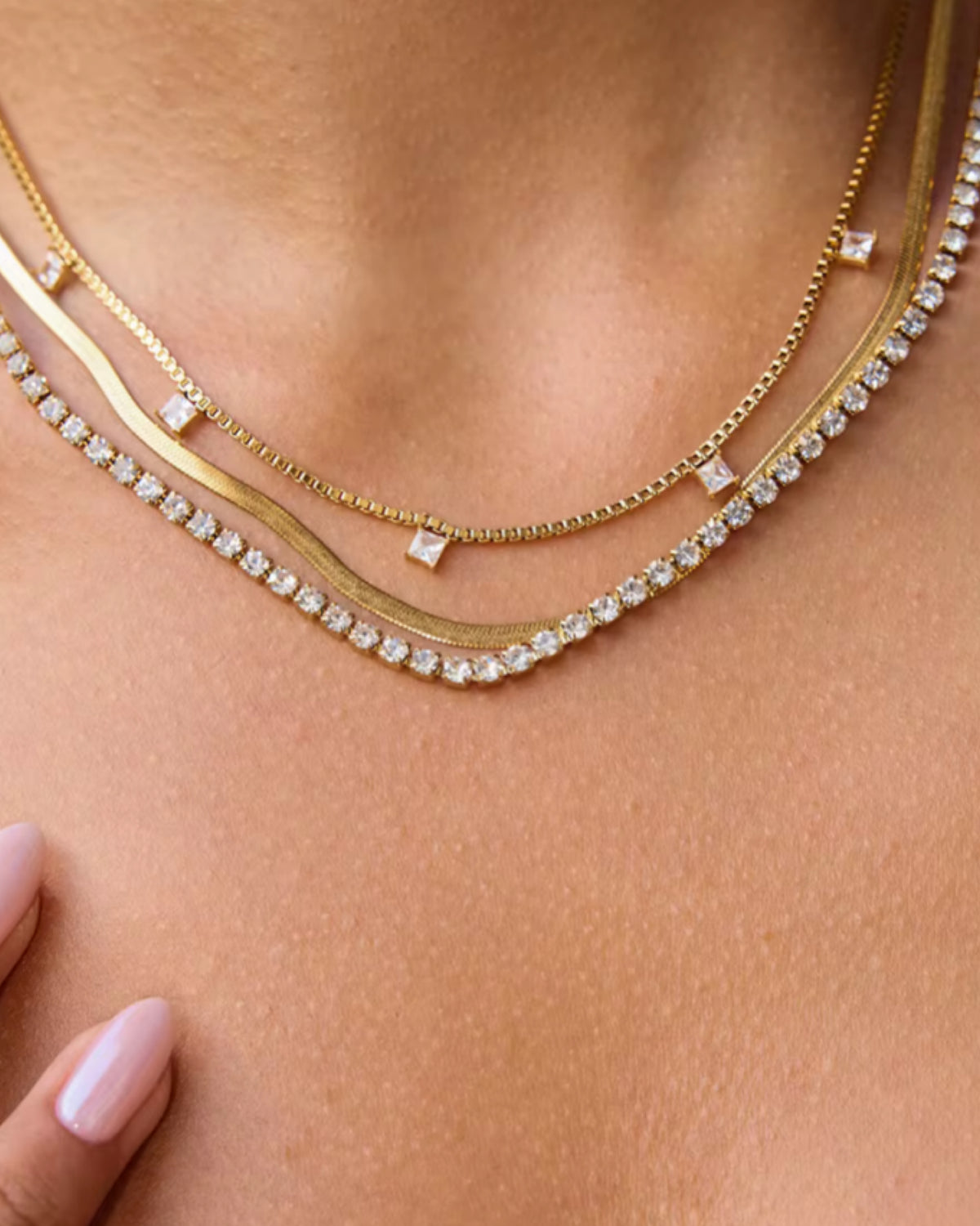 Plated Necklace Rhinestone Layered Chains