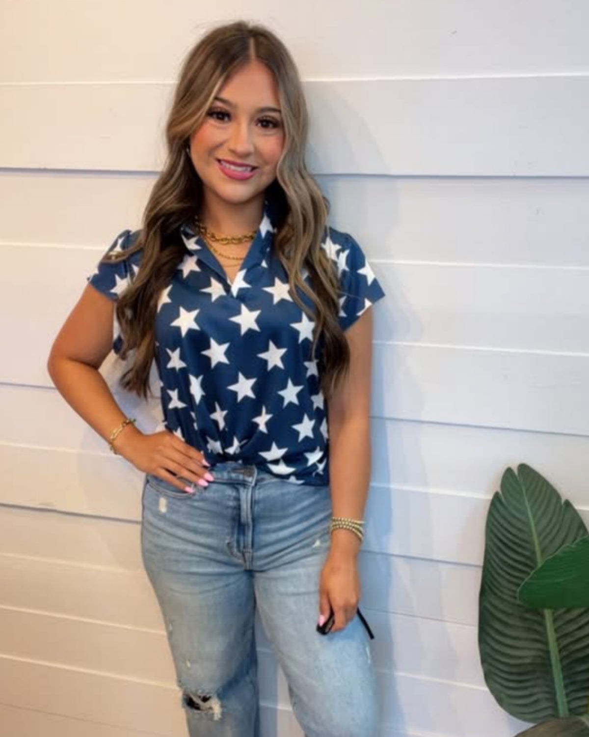 V-Neck Blouse in Navy/ STARS