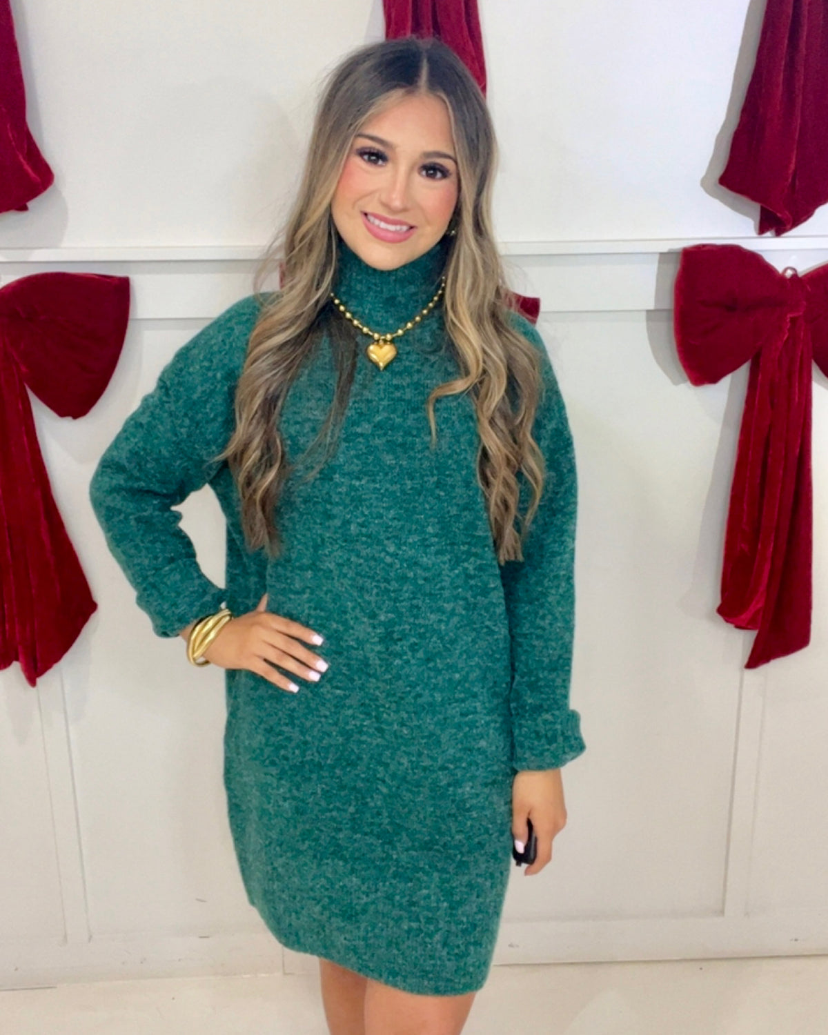 Cabin Gathering Sweater Dress in Forrest