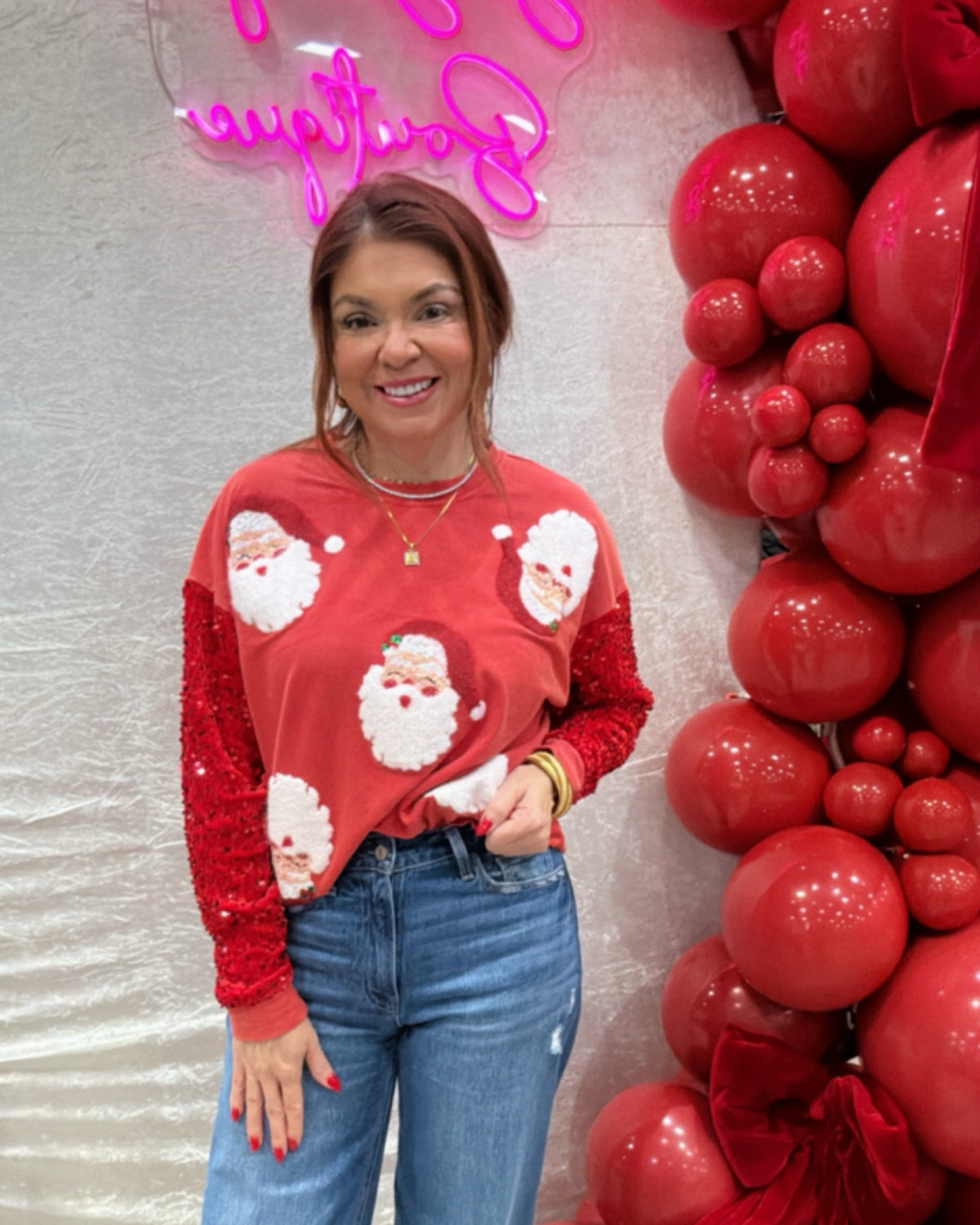 RED Santa Baby in Sequin Sleeves