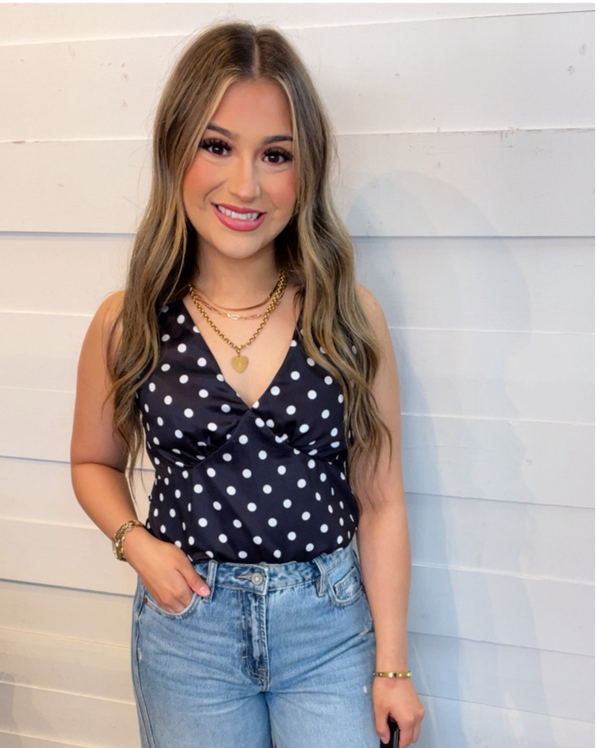 Polka-Dot V Neck Satin Top in Black