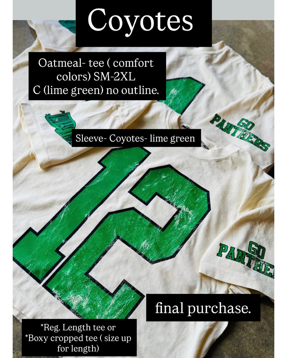 Preorder. Team tee/ C Coyotes- LIME GREEN TEE boxy cropped tee