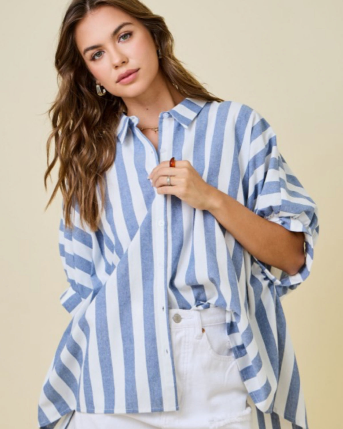 Button Down in Stripes Top in NAVY