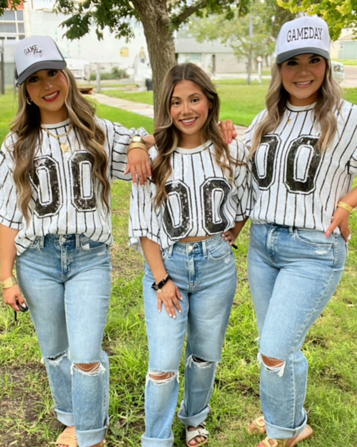GAME DAY Sequin Stripe Top in WHITE/BLACK/ Damaged