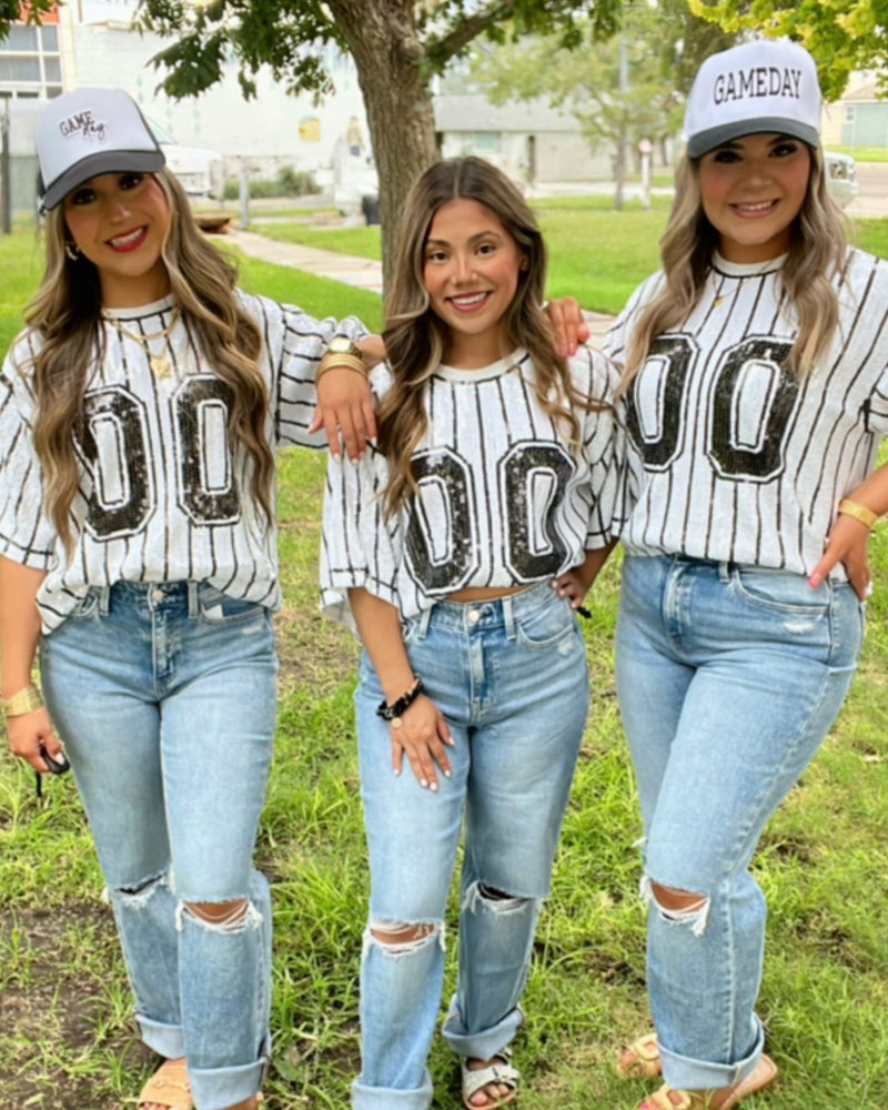 GAME DAY Sequin Stripe Top in WHITE/BLACK