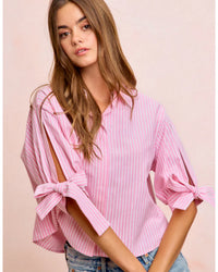 Pink Stripe Woven Button up Shirt with Bow detail