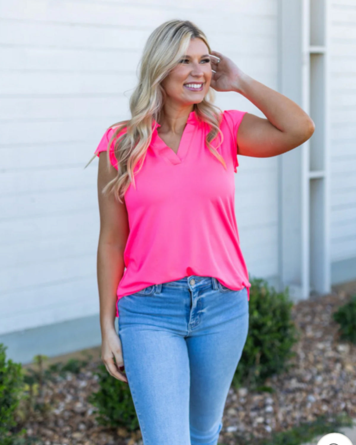 Nicole V-Neck Blouse in Neon Pink