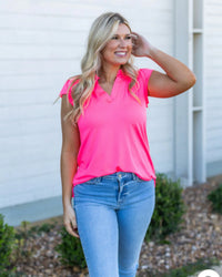 Nicole V-Neck Blouse in Neon Pink