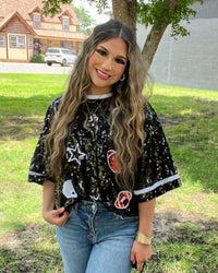 GAME DAY Sequin Top in Black/ DAMAGED