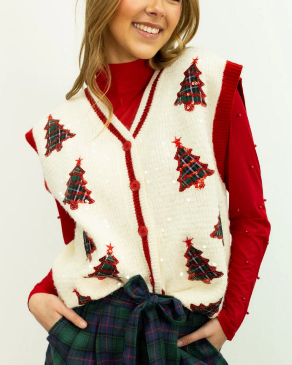 Sequin Ivory Sweater with Plaid Tree Patches