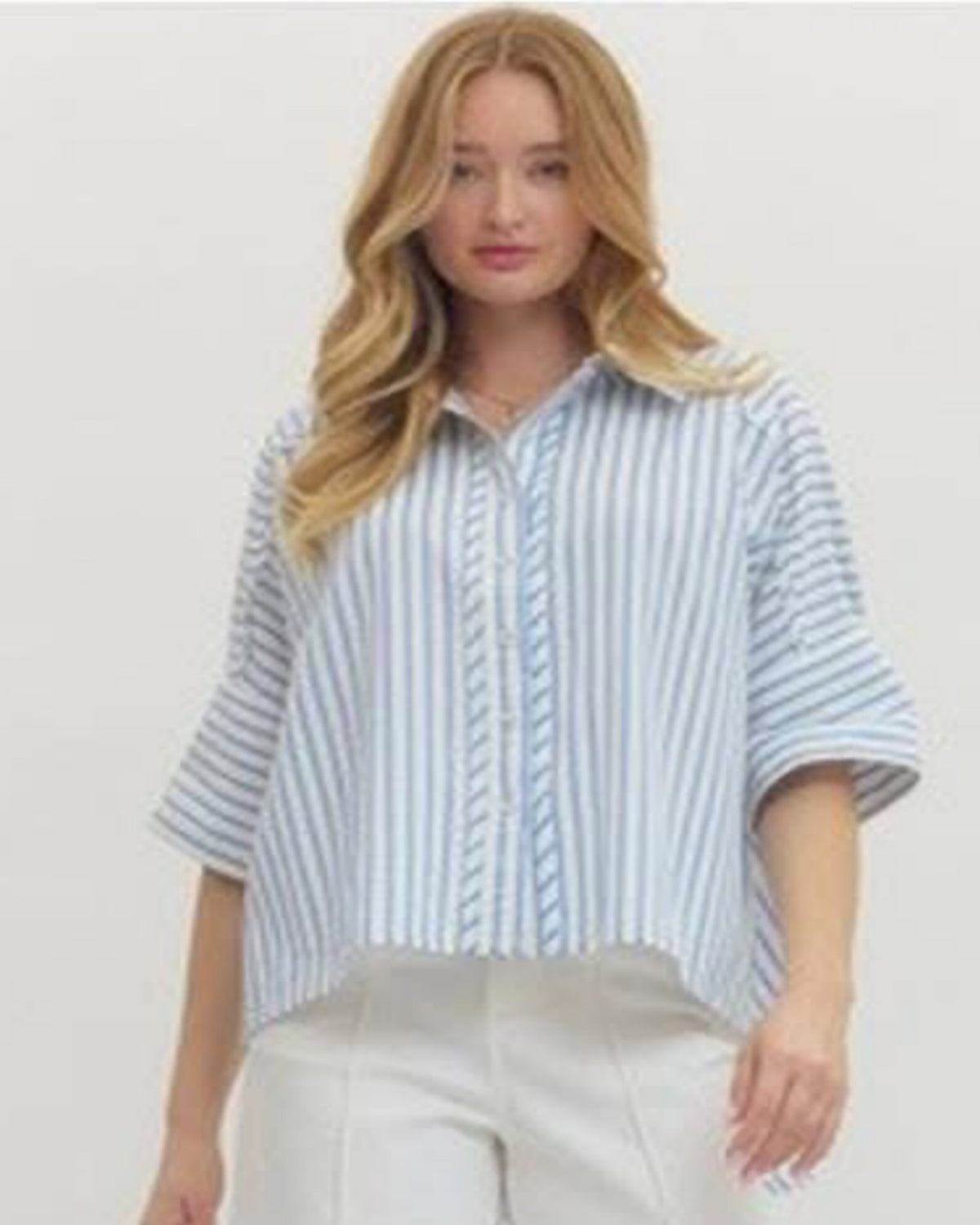 Coastal Breeze Stripe Ruffled Button -Down