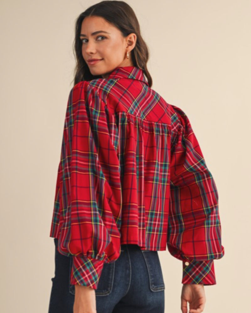 Plaided Tartan Volume Sleeve Blouse