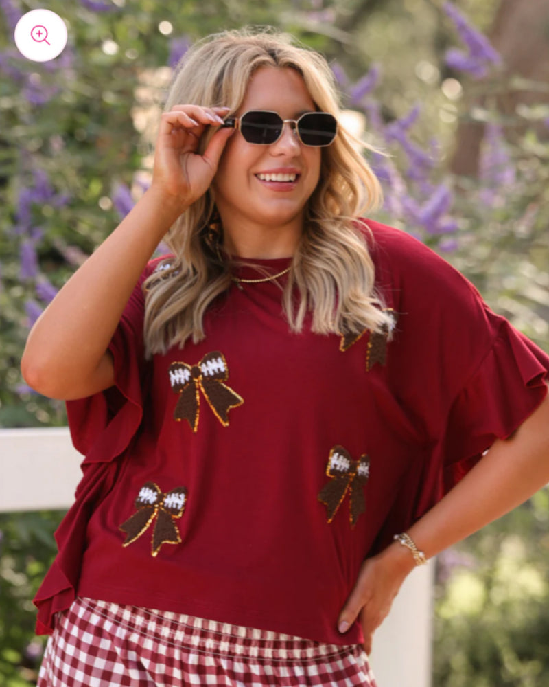 Sideline Sparkle Ruffle Top in Maroon