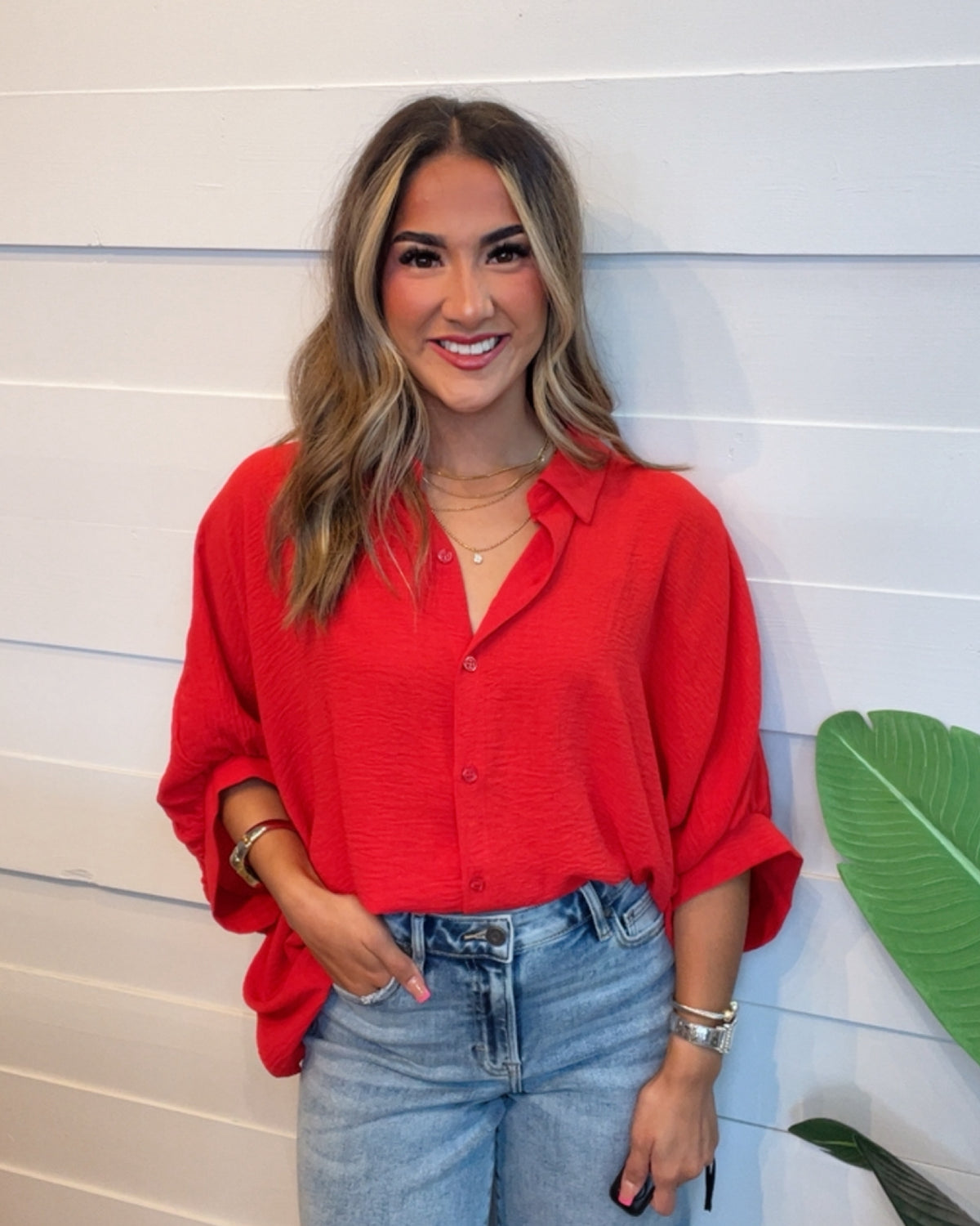 Tailgate Button Down Blouse in RED