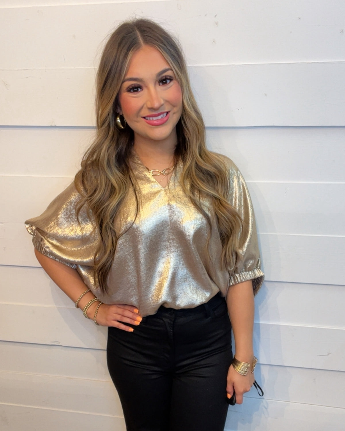 Toast to the Night Metallic Blouse in GOLD Plus