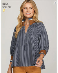Patio Cider & Crip Fall Days Blouse in Navy