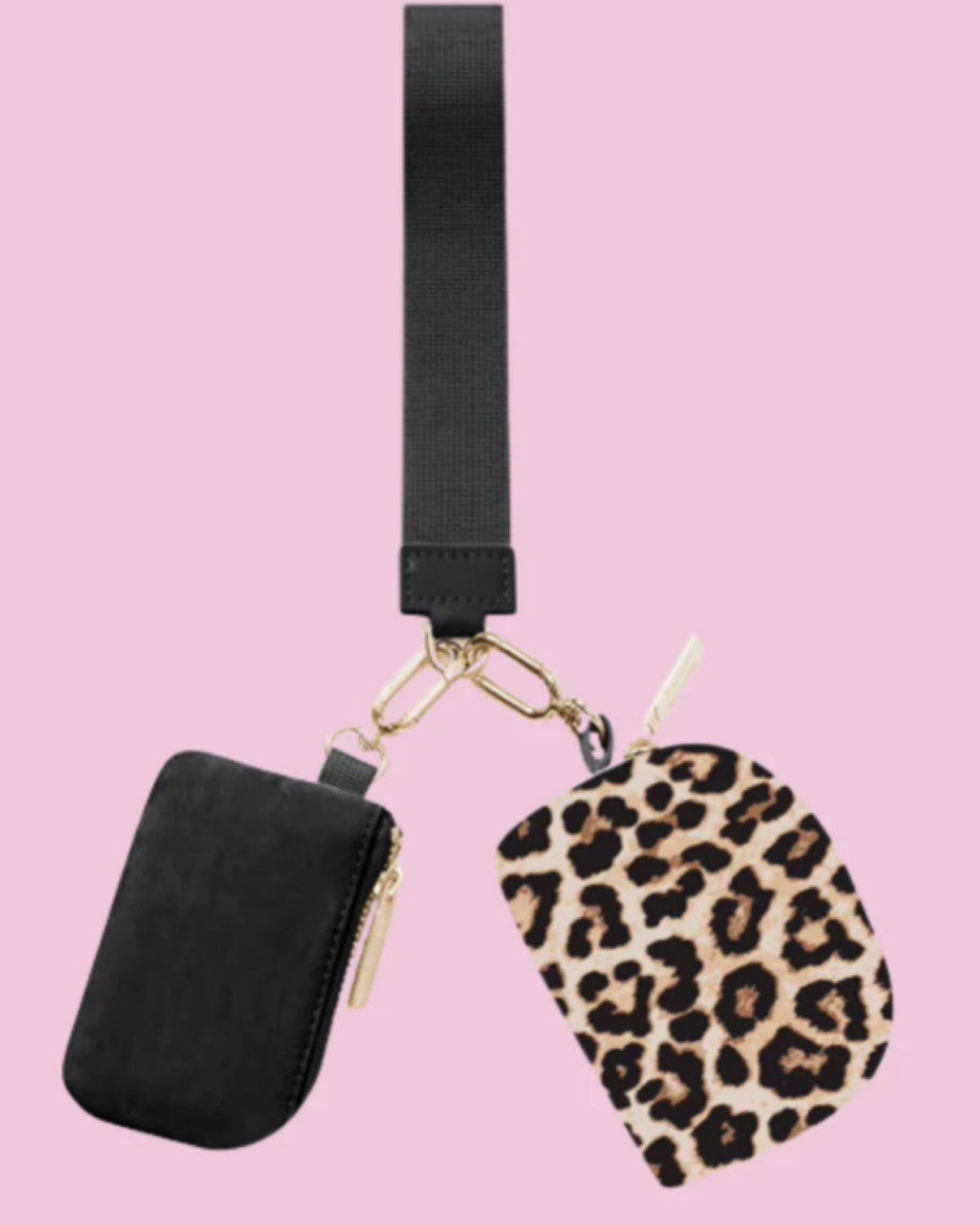Double Pouch Wristlet Leopard & Black