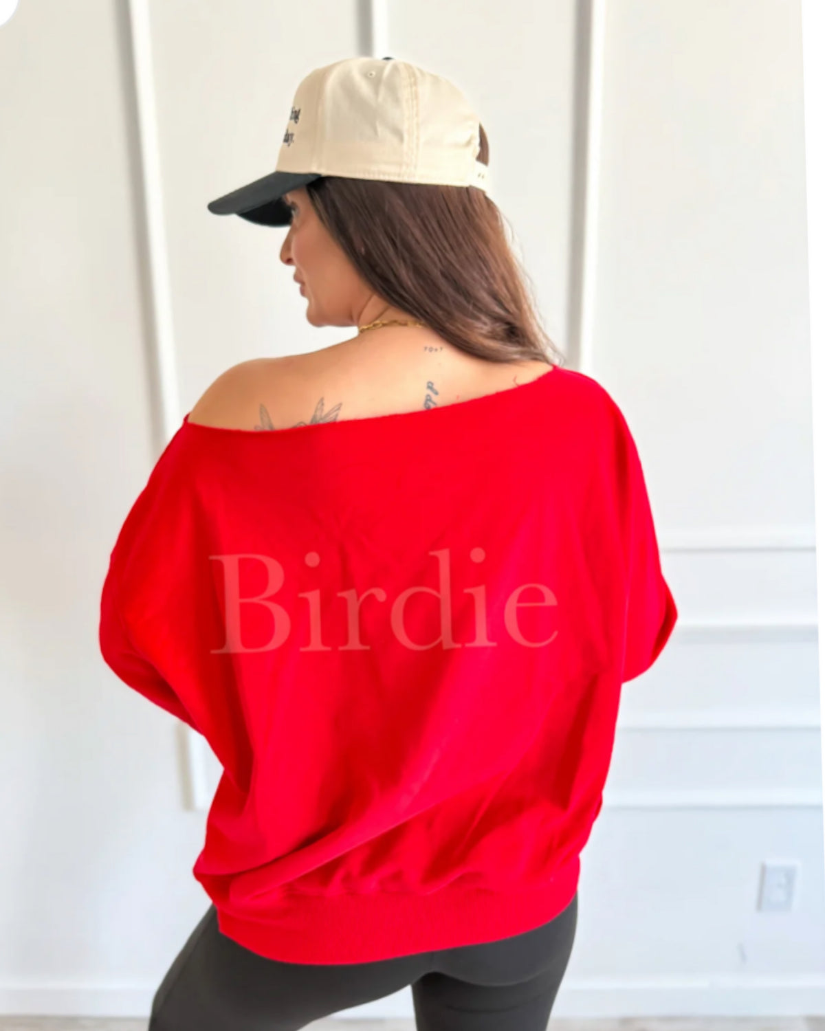 Birdie Off Shoulder Slouchy Pullover in Ruby Rush