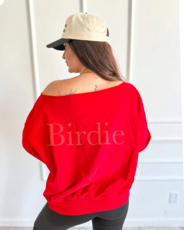 Birdie Off Shoulder Slouchy Pullover in Ruby Rush