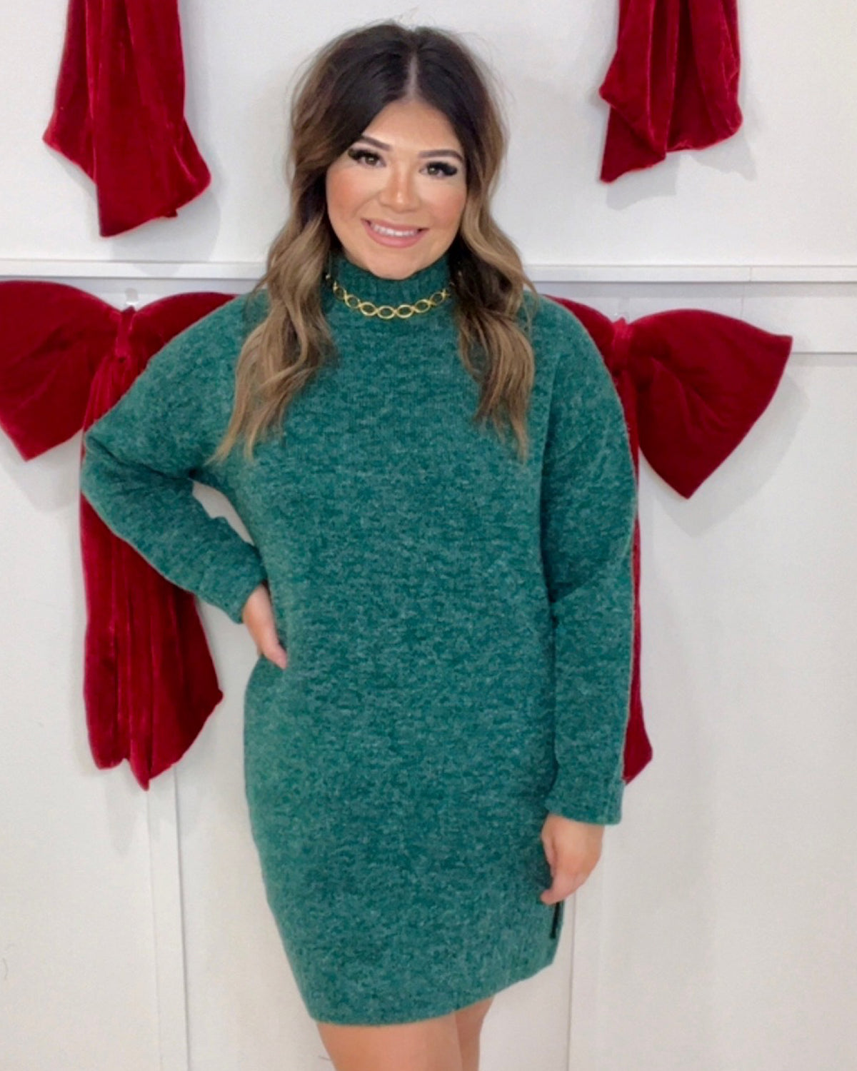 Cabin Gathering Sweater Dress in Forrest